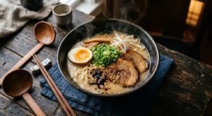 A professional, editorial-style overhead shot of a steaming bowl of authentic homemade ramen with ri