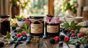 A professional, editorial-style close-up of glass jars filled with homemade forest berry jam, arrang