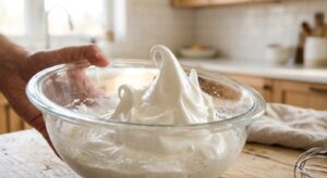 A professional, editorial-style close-up shot of glossy, perfectly stiff egg white peaks standing in