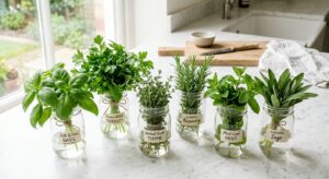 A professional, high-angle culinary shot of fresh organic herbs bundled and stored in glass jars on