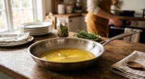 A high-end, editorial food photography shot featuring a golden puddle of melted clarified butter in