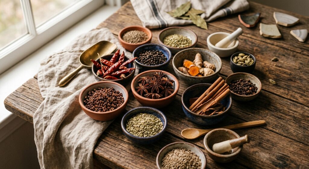 A professional, high-angle culinary shot featuring an aesthetic arrangement of authentic Asian spice