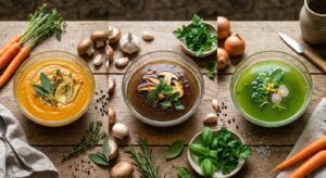 A top-down, editorial-style photograph featuring three different glass bowls of vibrant vegetable br