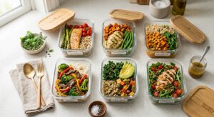 A professional, editorial-style flat lay shot of organized glass meal prep containers filled with nu
