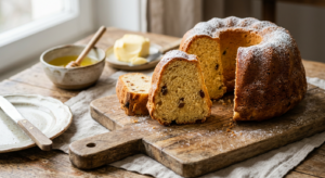 A professional editorial close-up shot of a golden, freshly baked yeast cake sliced on a rustic wood