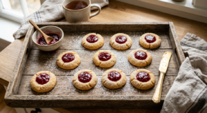 A professional, top-down editorial food photograph of golden-brown butter cookies with a glossy doll