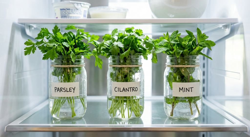 A professional, editorial-style close-up shot of vibrant, fresh herbs neatly organized in glass jars