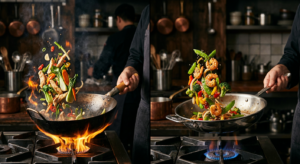 A high-end, editorial-style split composition showing a seasoned carbon steel wok with flames on the