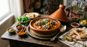 A professional editorial food photograph of a steaming Moroccan lamb tagine served in a traditional