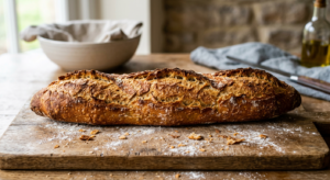 A professional editorial food photography shot of a perfectly golden-brown French baguette with a sh