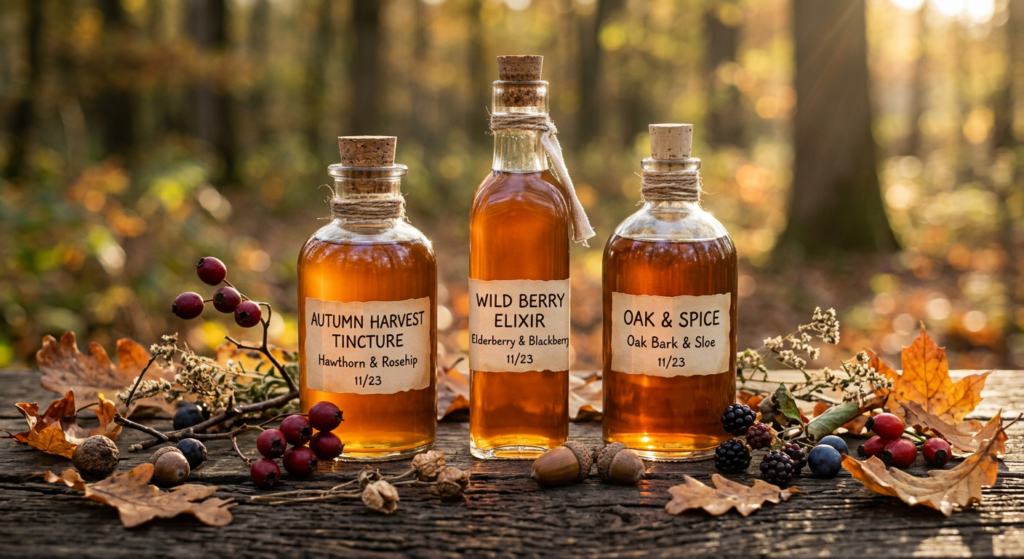 A professional, editorial-style close-up of amber-colored homemade autumn fruit tinctures in elegant