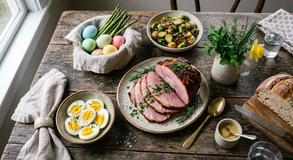 A top-down, editorial-style photograph of artfully arranged Easter leftovers like sliced ham, hard-b