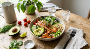 A high-angle, professional editorial shot of a vibrant, healthy 15-minute meal served in a stylish c