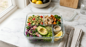 A high-angle professional food photography shot of a vibrant, healthy glass bento container filled w