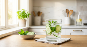 A professional, editorial-style photograph of a glass of infused water with fresh cucumber and mint
