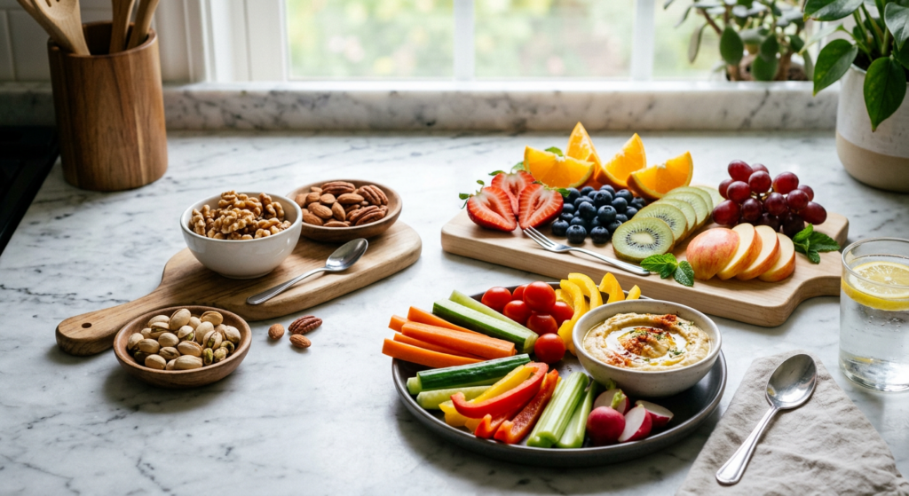 A professional, high-quality editorial photograph of assorted healthy, colorful snacks like fresh nu