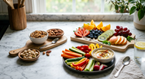A professional, high-quality editorial photograph of assorted healthy, colorful snacks like fresh nu