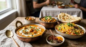 A professional, editorial-style close-up of vibrant Indian dishes featuring a balance of mild, cream