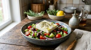 A high-angle, professional editorial photograph of a fresh Greek salad in a ceramic bowl, featuring
